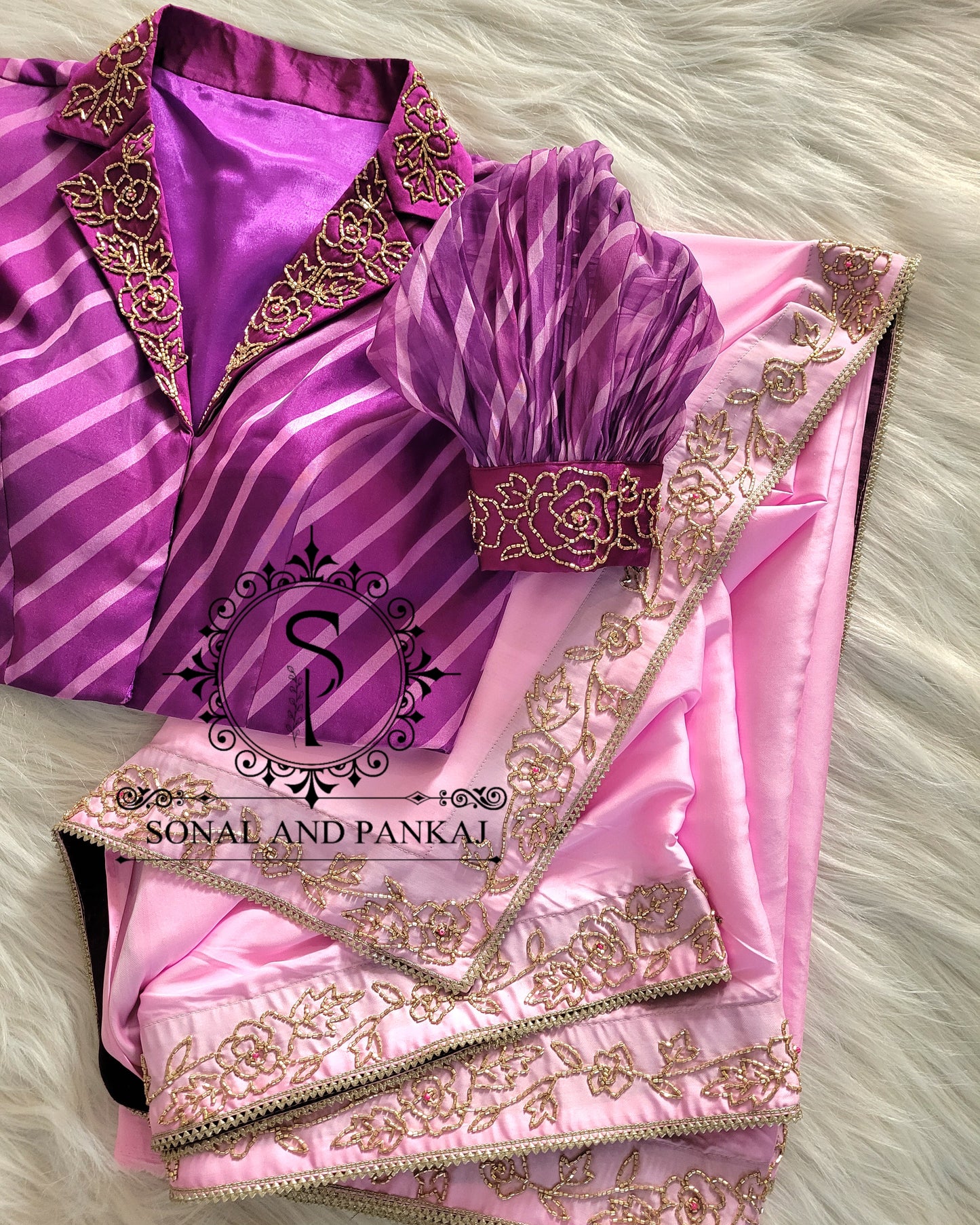 Baby Pink Hand Embroidered Saree & Leheriya Blouse - SA01319