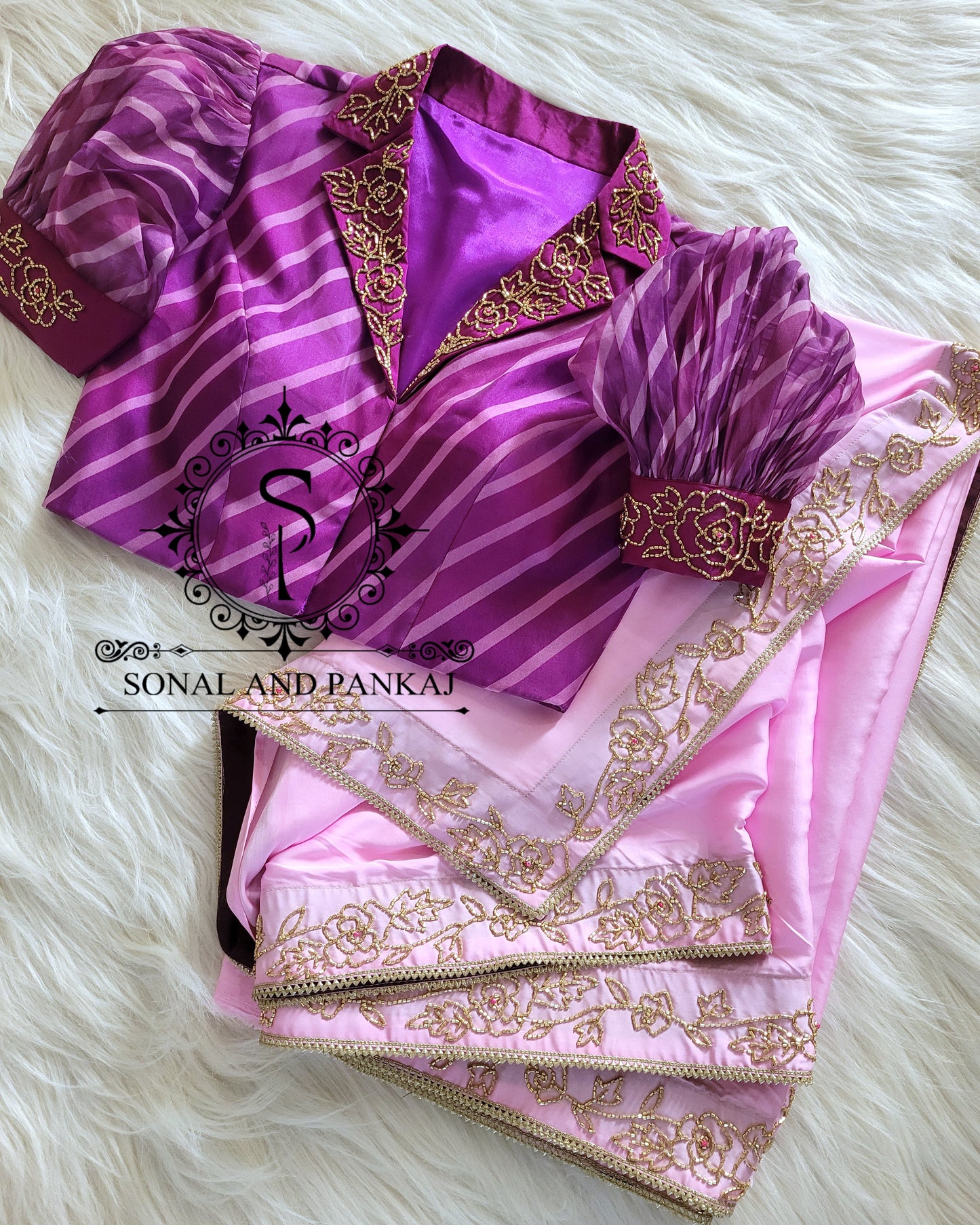 Baby Pink Hand Embroidered Saree & Leheriya Blouse - SA01319