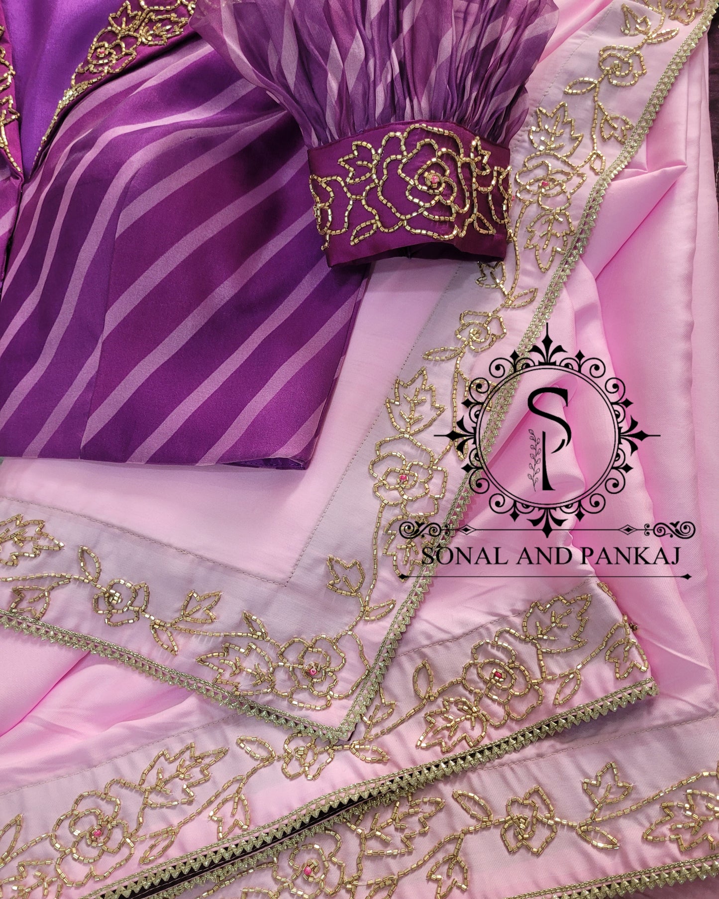 Baby Pink Hand Embroidered Saree & Leheriya Blouse - SA01319
