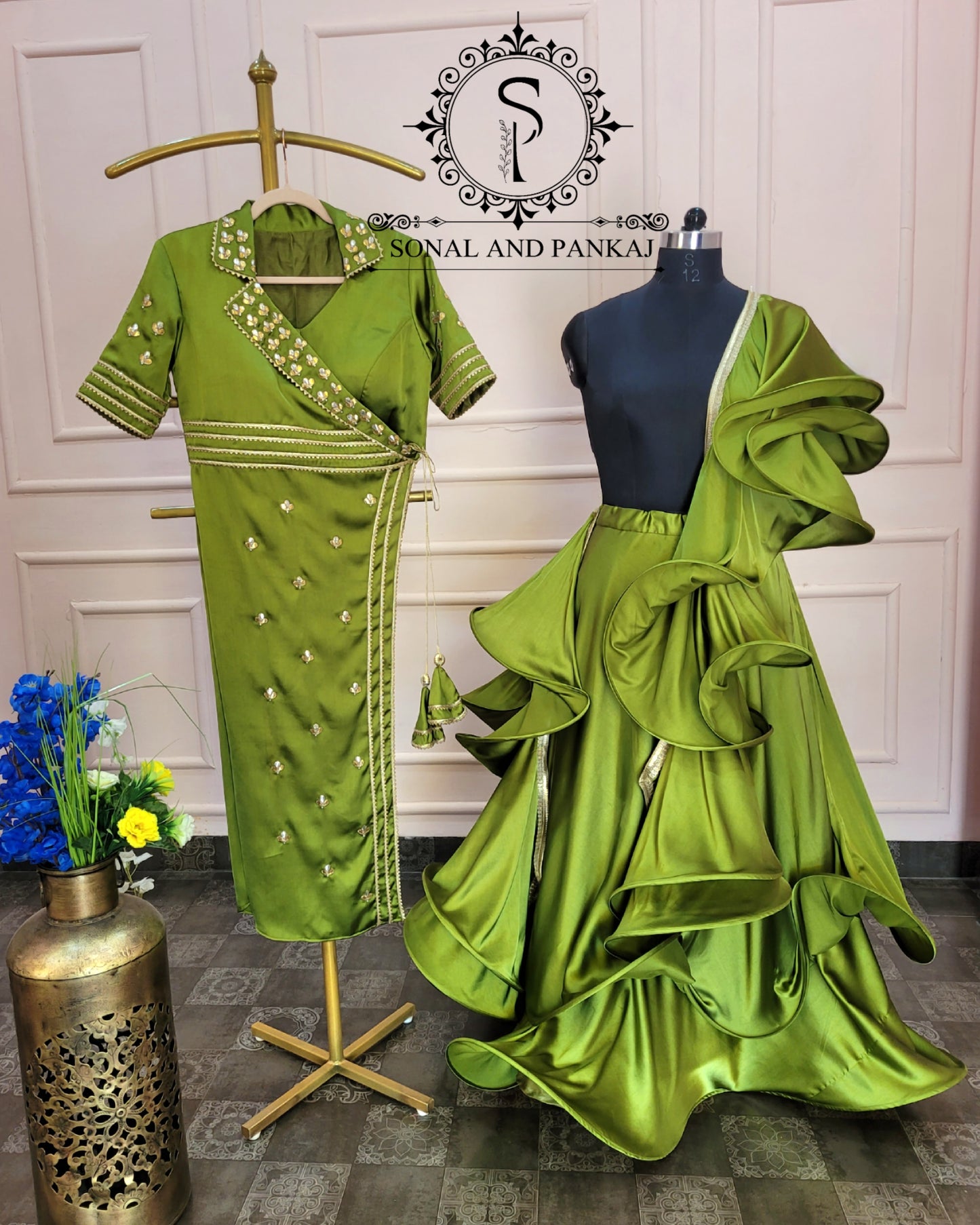 Olive Green Lapel Collar Jacket With Lehenga  - LH01341