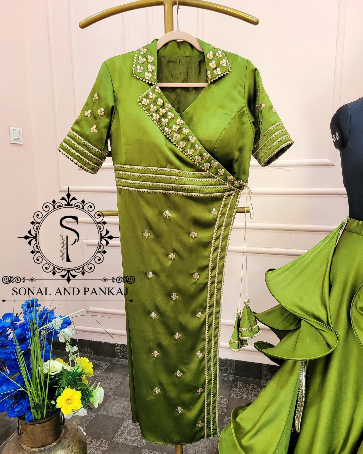 Olive Green Lapel Collar Jacket With Lehenga  - LH01341