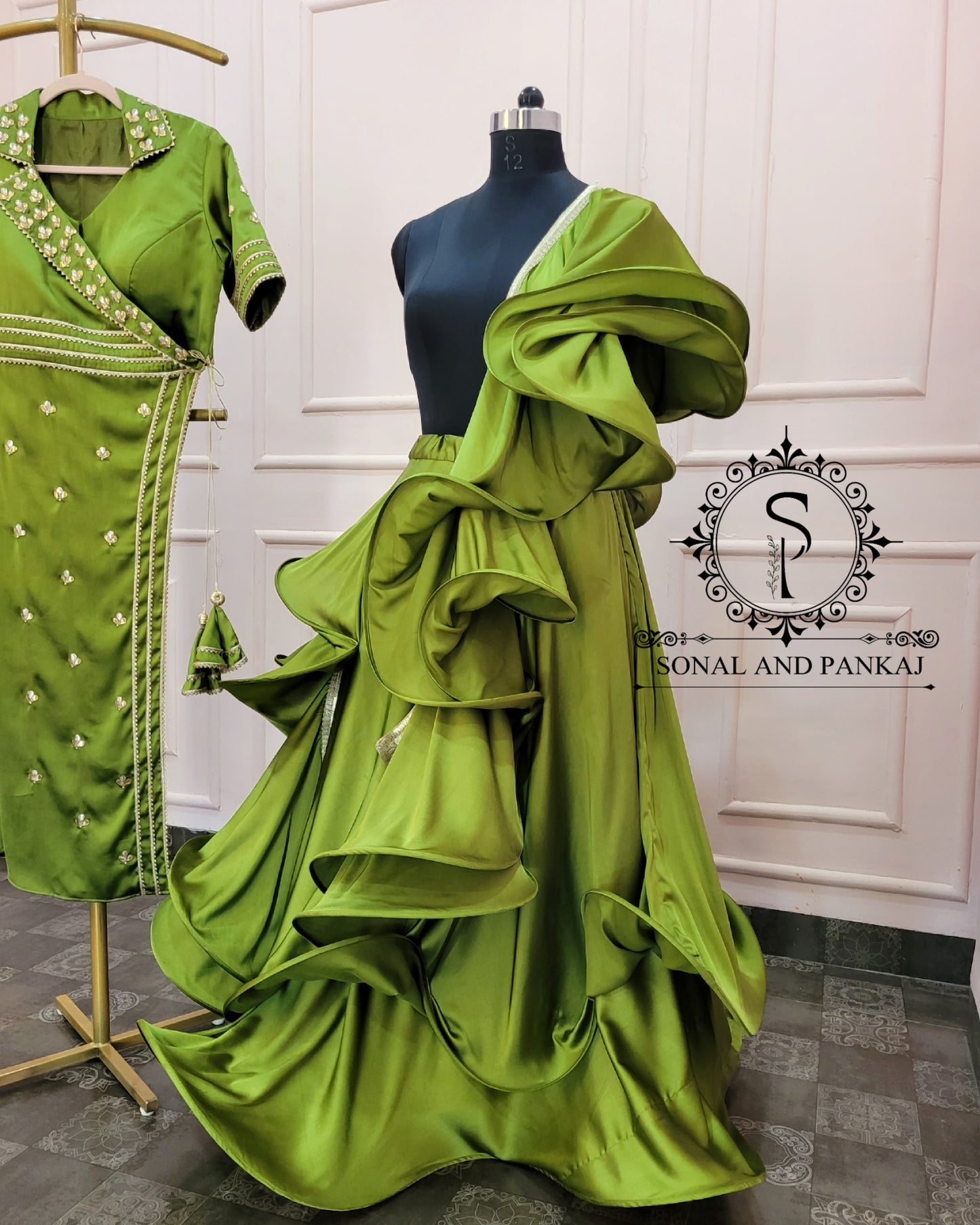 Olive Green Lapel Collar Jacket With Lehenga  - LH01341