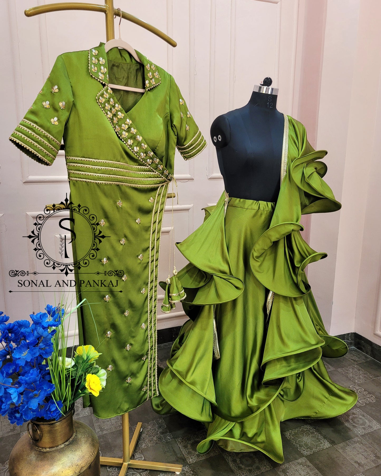 Olive Green Lapel Collar Jacket With Lehenga  - LH01341