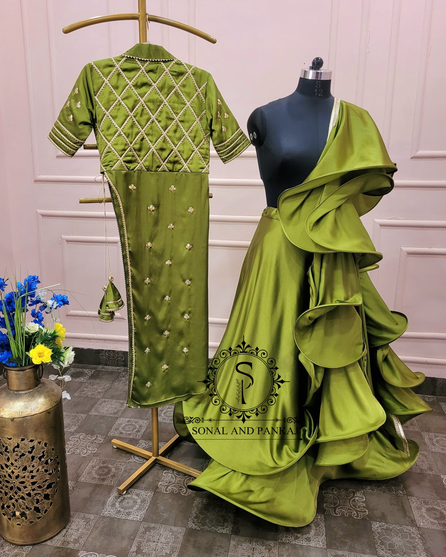 Olive Green Lapel Collar Jacket With Lehenga  - LH01341