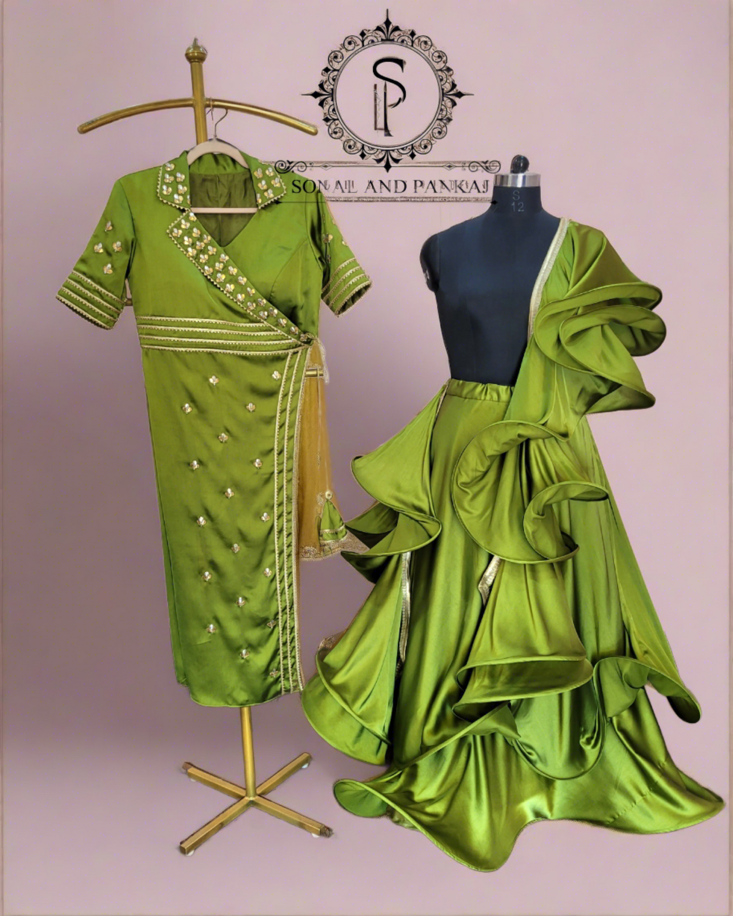 Olive Green Lapel Collar Jacket With Lehenga  - LH01341