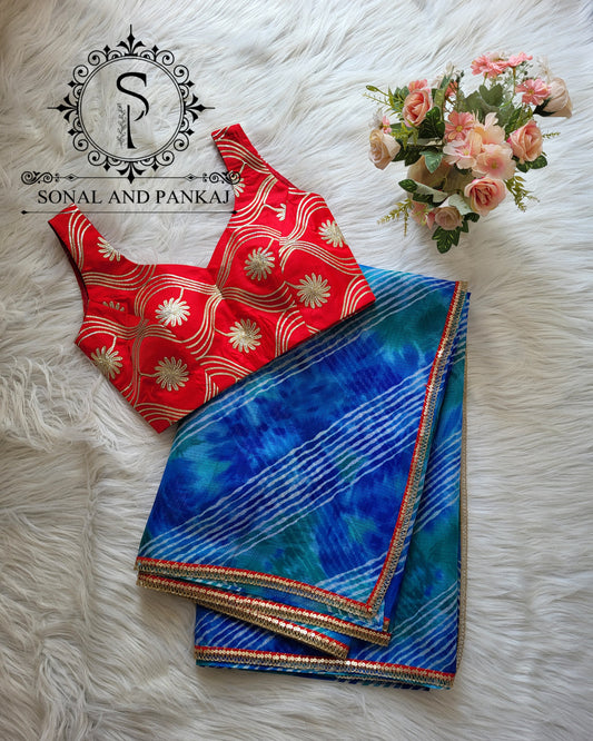 Designer Red Gotta Embroidered Blouse With Blue Leheriya Saree - SA01353
