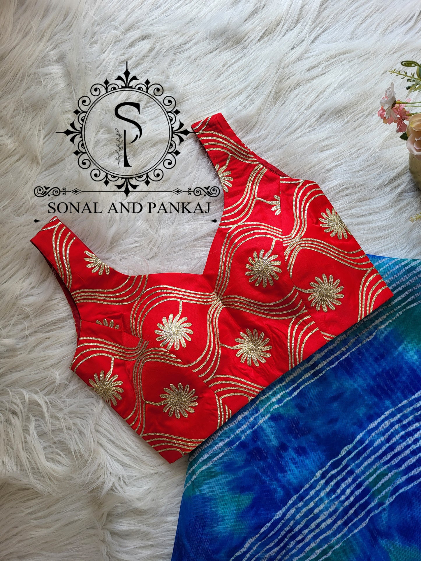 Designer Red Gotta Embroidered Blouse With Blue Leheriya Saree - SA01353