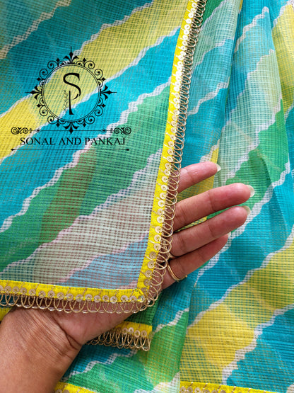 Designer Yellow Gotta Embroidered Blouse With Leheriya Saree - SA01355
