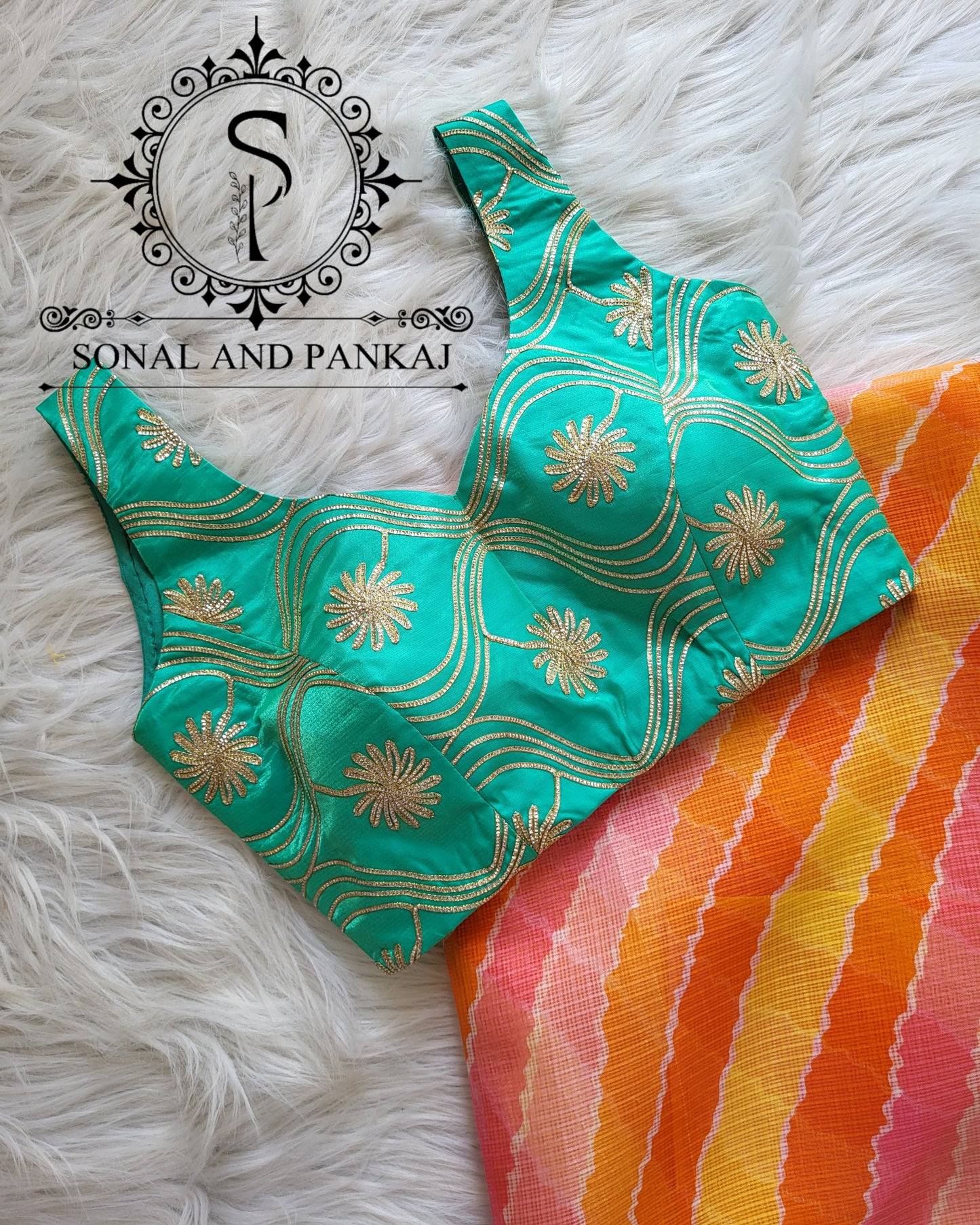Designer Green Gotta Embroidered Blouse With Leheriya Saree - SA01356