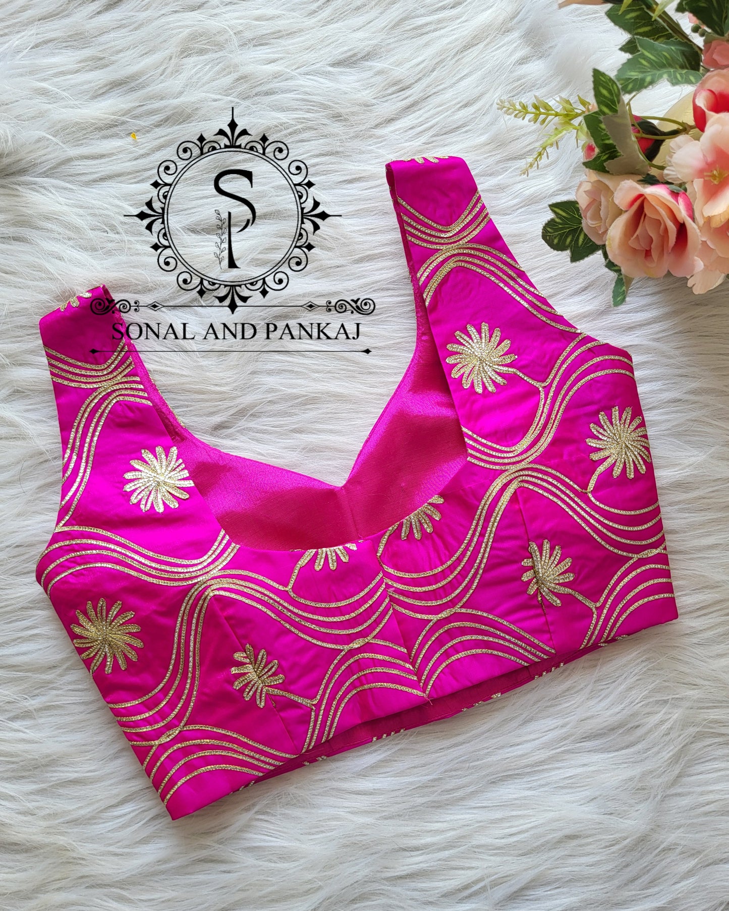 Designer Pink Gotta Embroidered Blouse With Orange Leheriya Saree - SA01354