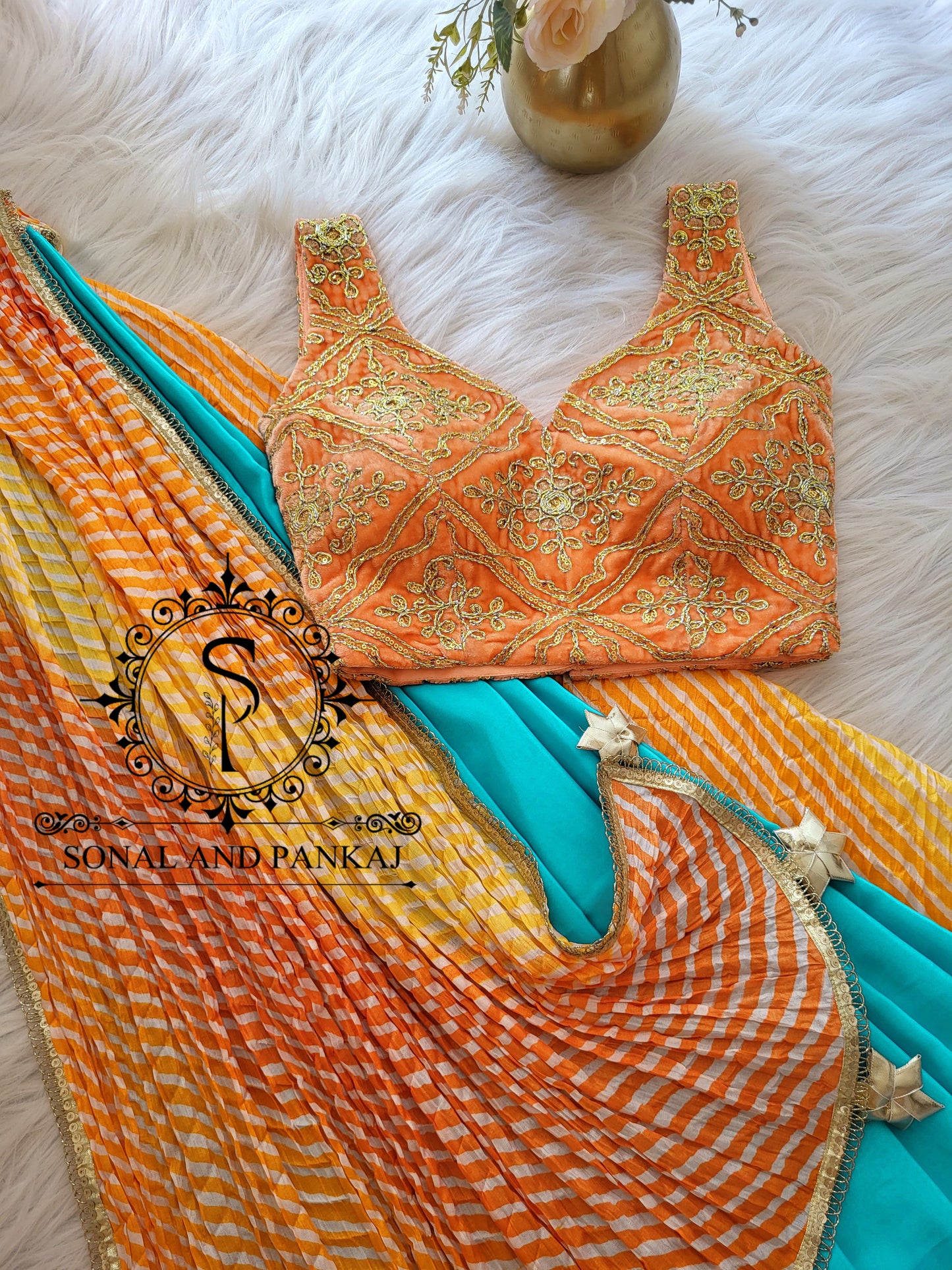 Peach Embroidered Velvet Blouse With Crushed Leheriya Palloo Saree - SA01375