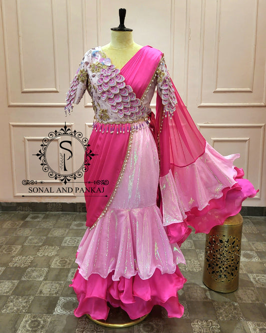 3d Peacock Embroidery Jacket Style Blouse With Ready To Wear Ruffle Saree - SA01378