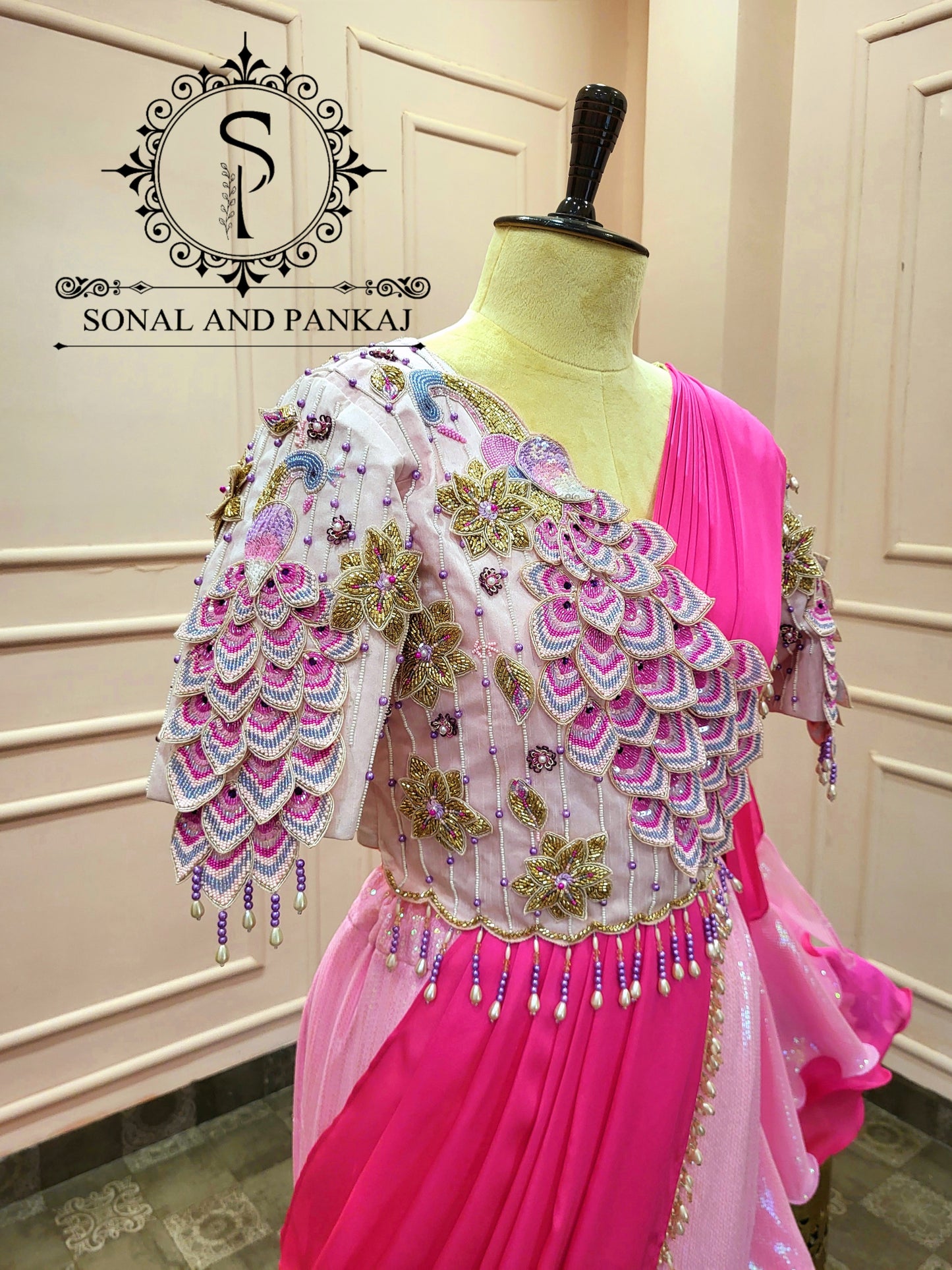 3d Peacock Embroidery Jacket Style Blouse With Ready To Wear Ruffle Saree - SA01378