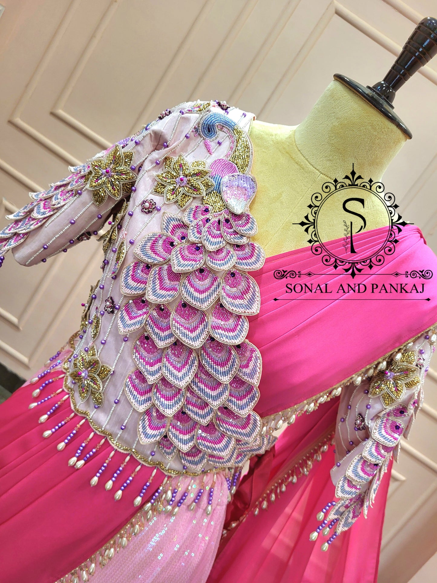 3d Peacock Embroidery Jacket Style Blouse With Ready To Wear Ruffle Saree - SA01378