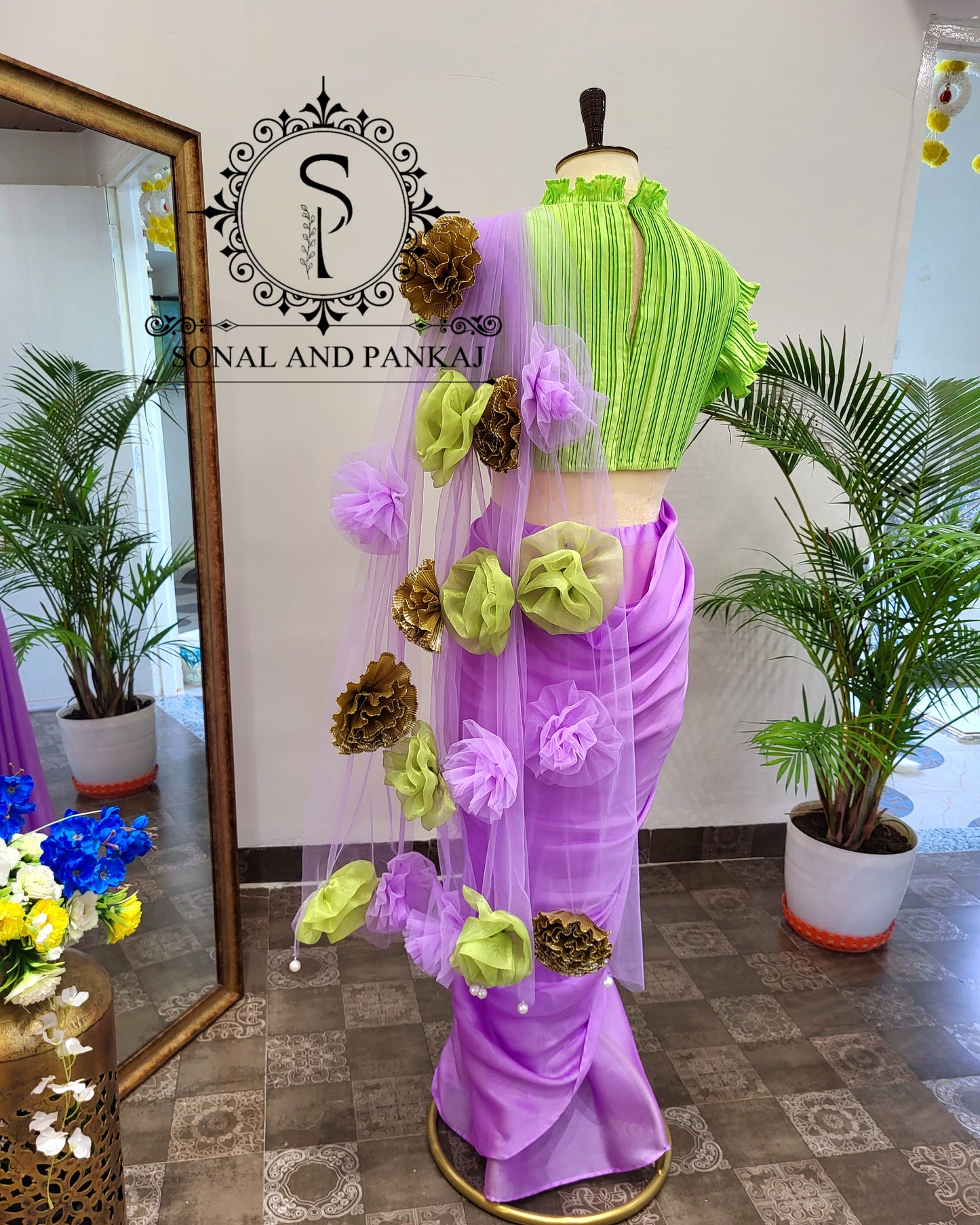 Parrot Green Pleated Blouse With Lavender Ready To Drape Saree - SA01730