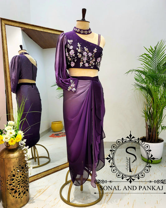 Gorgeous Hand Embroidered Blouse With Drape Skirt - IW01451