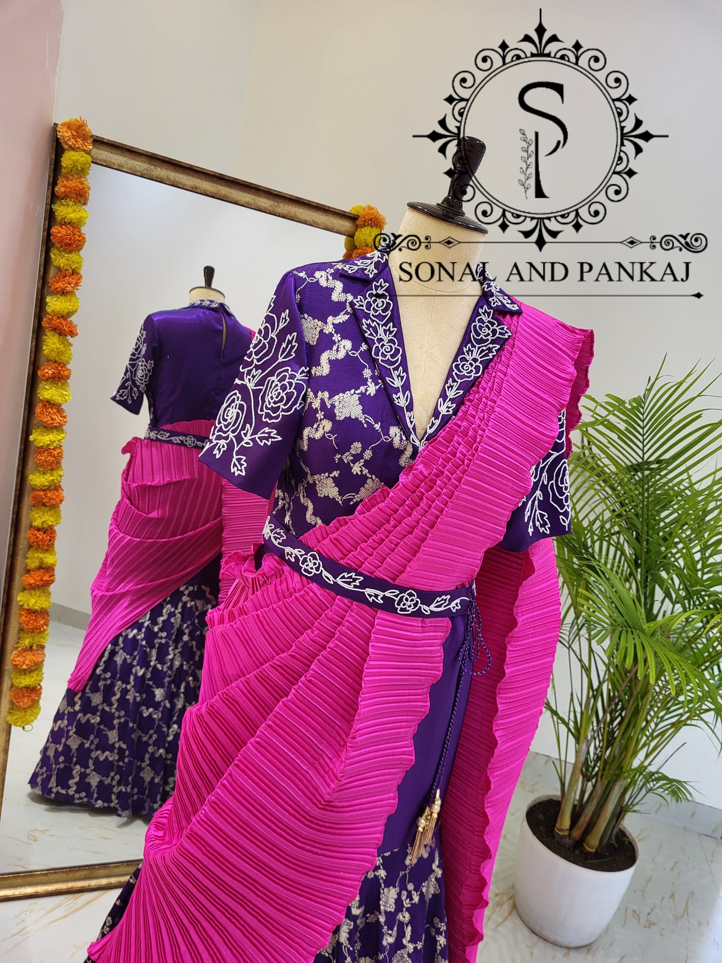 Purple Hand Embroidered & Hot Pink Pleated Palloo Ready To Wear Gown Saree - SA01429