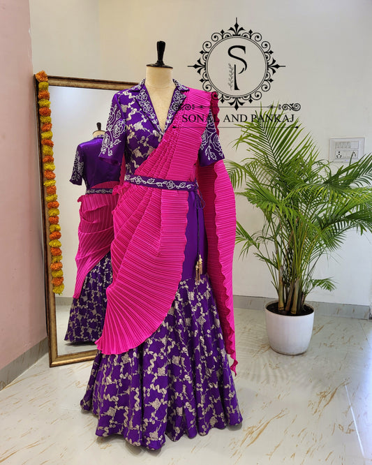 Purple Hand Embroidered & Hot Pink Pleated Palloo Ready To Wear Gown Saree - SA01429