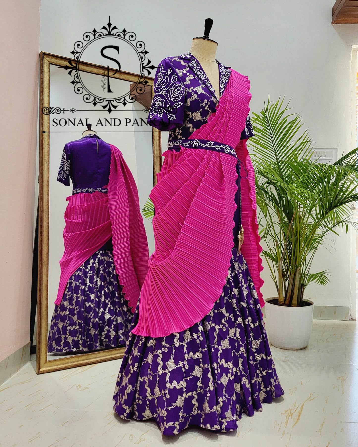 Purple Hand Embroidered & Hot Pink Pleated Palloo Ready To Wear Gown Saree - SA01429