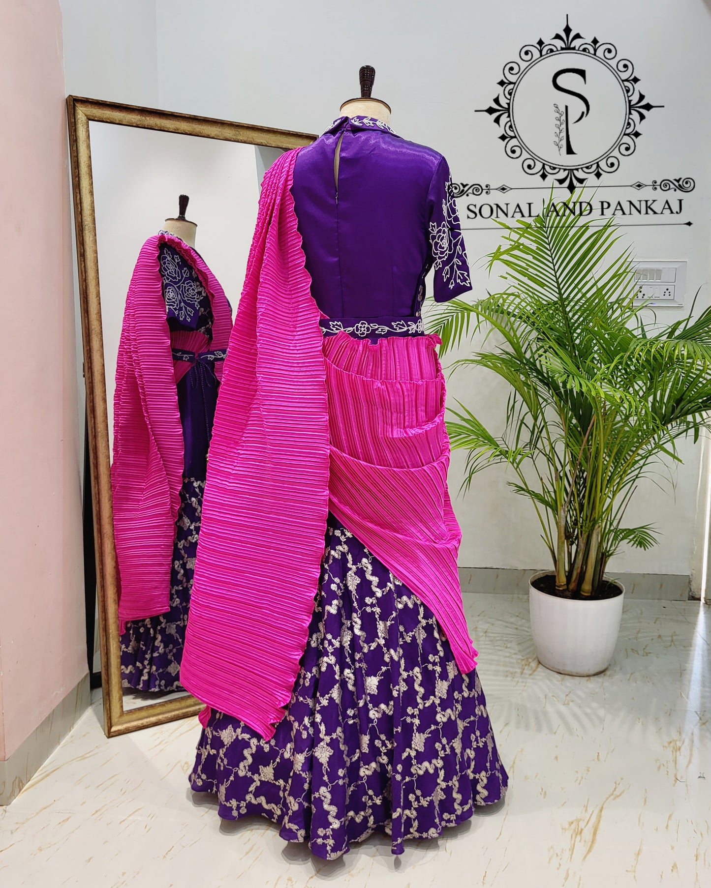 Purple Hand Embroidered & Hot Pink Pleated Palloo Ready To Wear Gown Saree - SA01429