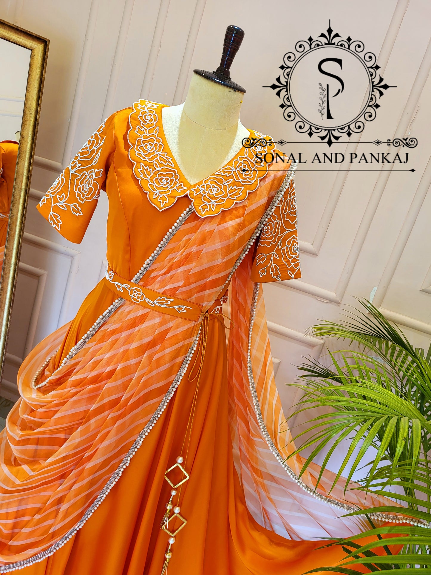 Orange Hand Embroidered Ready To Wear Gown Saree - SA01438
