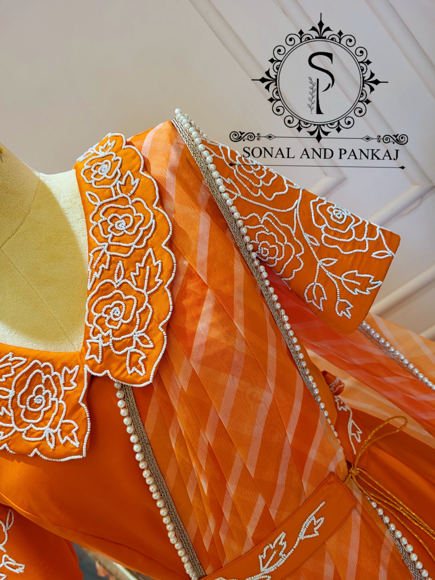 Orange Hand Embroidered Ready To Wear Gown Saree - SA01438