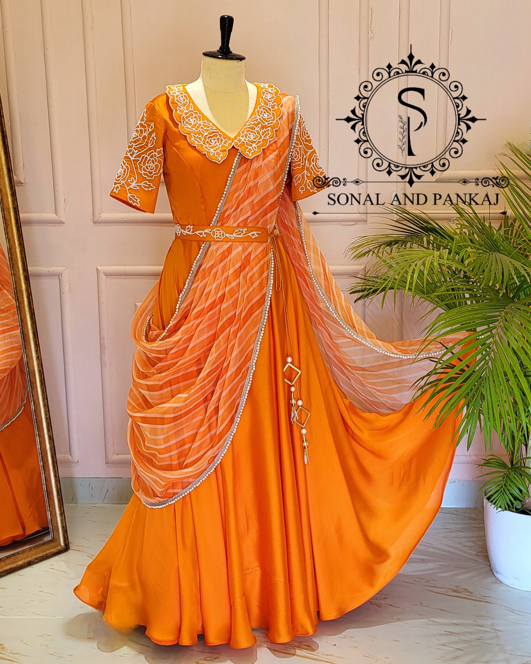 orange saree dress Rust Orange Saree With Fancy Ruffle Blouse And Embroidered Belt