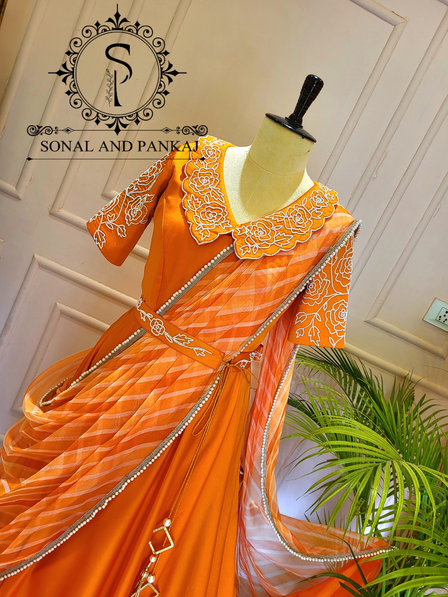 Orange Hand Embroidered Ready To Wear Gown Saree - SA01438