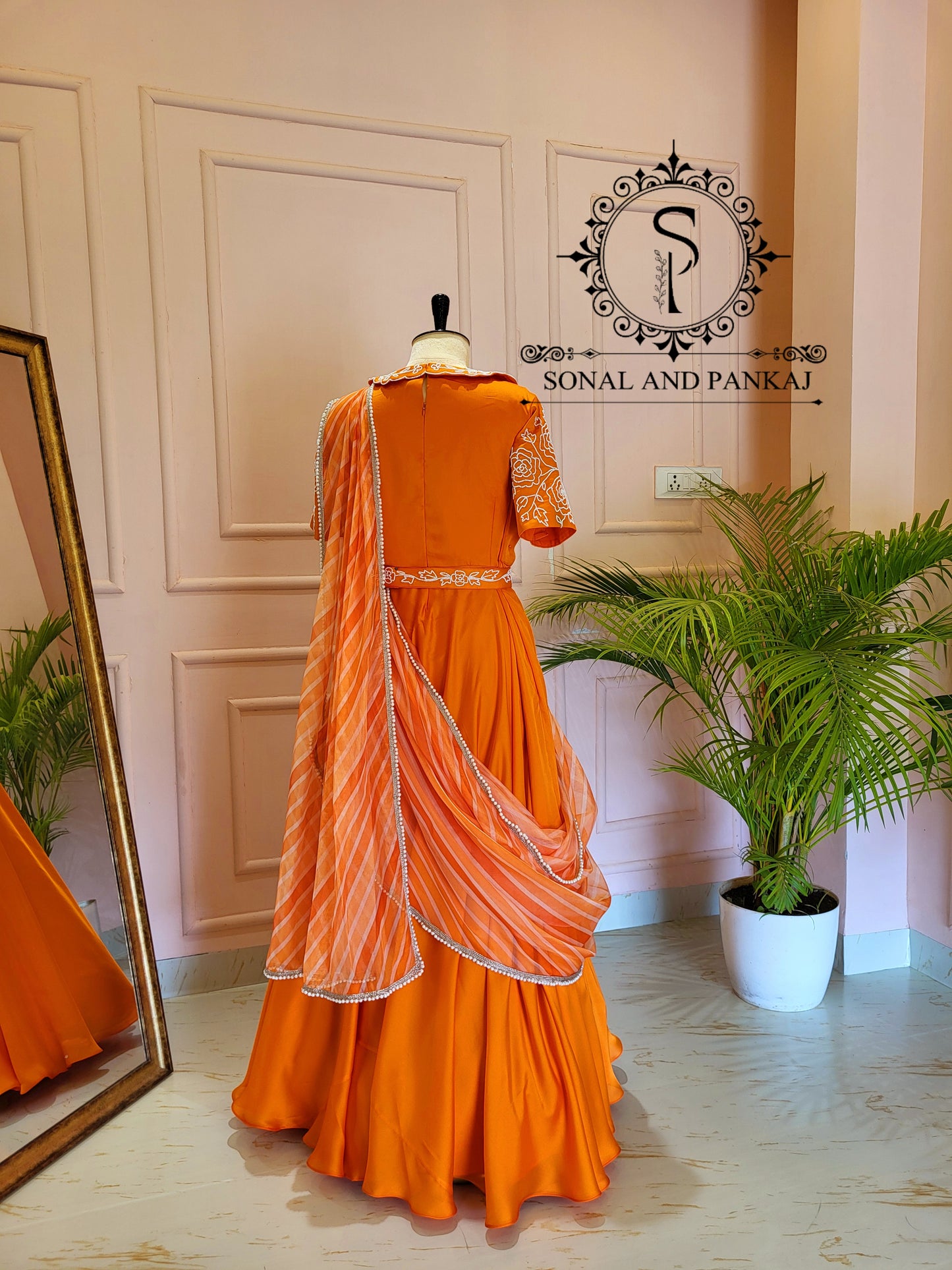 Orange Hand Embroidered Ready To Wear Gown Saree - SA01438