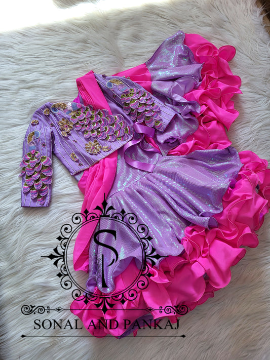 Lavender & Hot Pink 3d Peacock Embroidery Jacket Style Kids Dress - KD01433