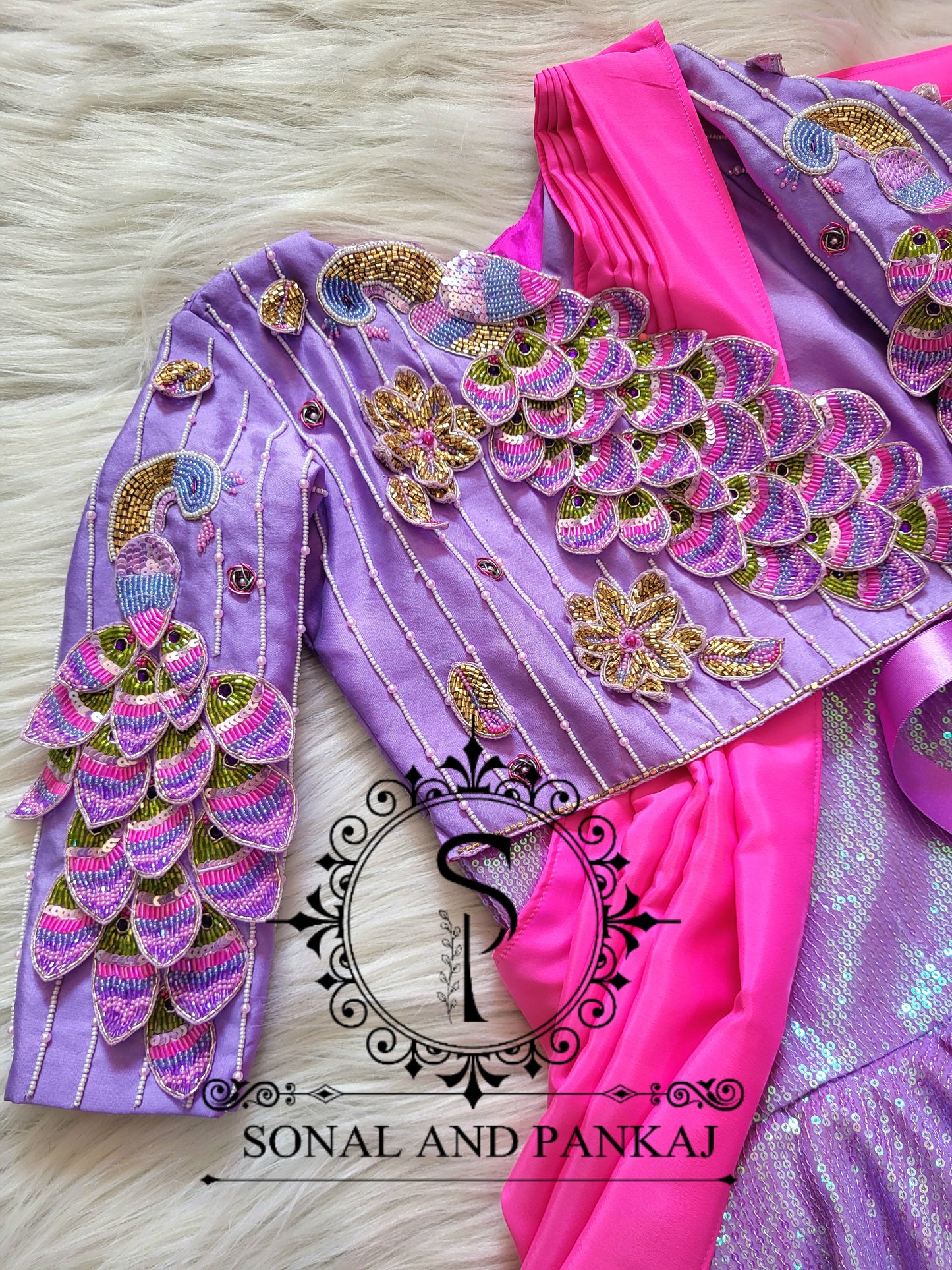 Lavender & Hot Pink 3d Peacock Embroidery Jacket Style Kids Dress - KD01433