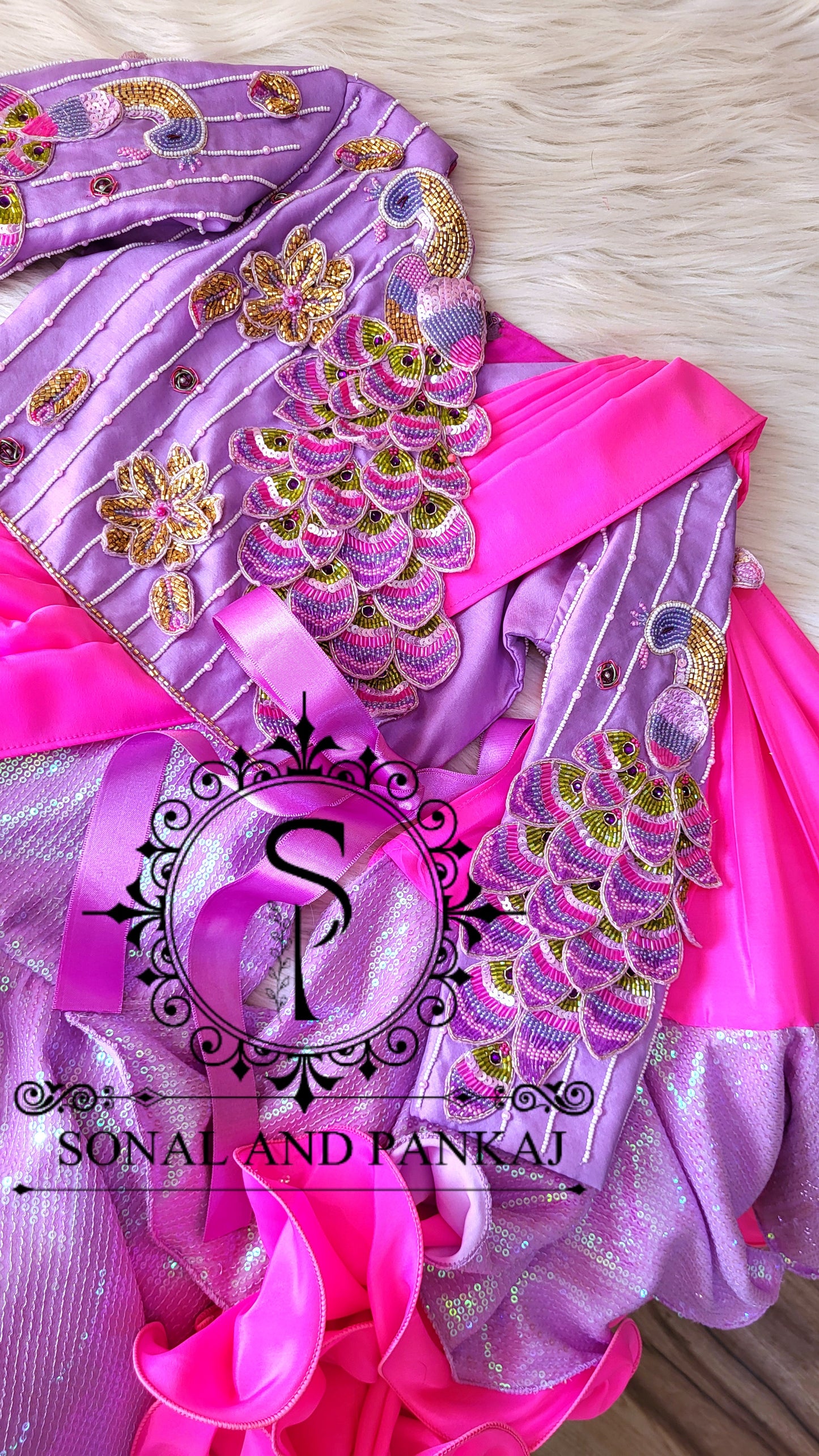 Lavender & Hot Pink 3d Peacock Embroidery Jacket Style Kids Dress - KD01433