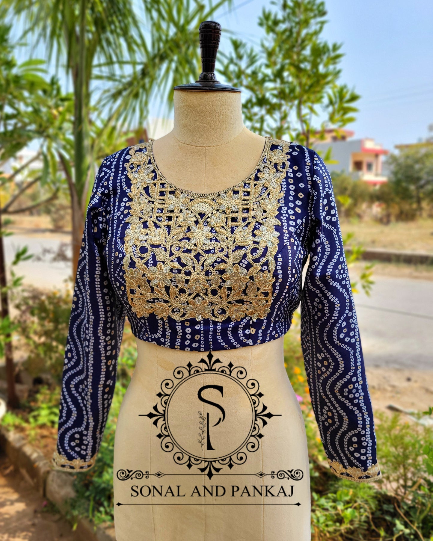 Navy Blue Bandhani Yoke Style Blouse - BL01423