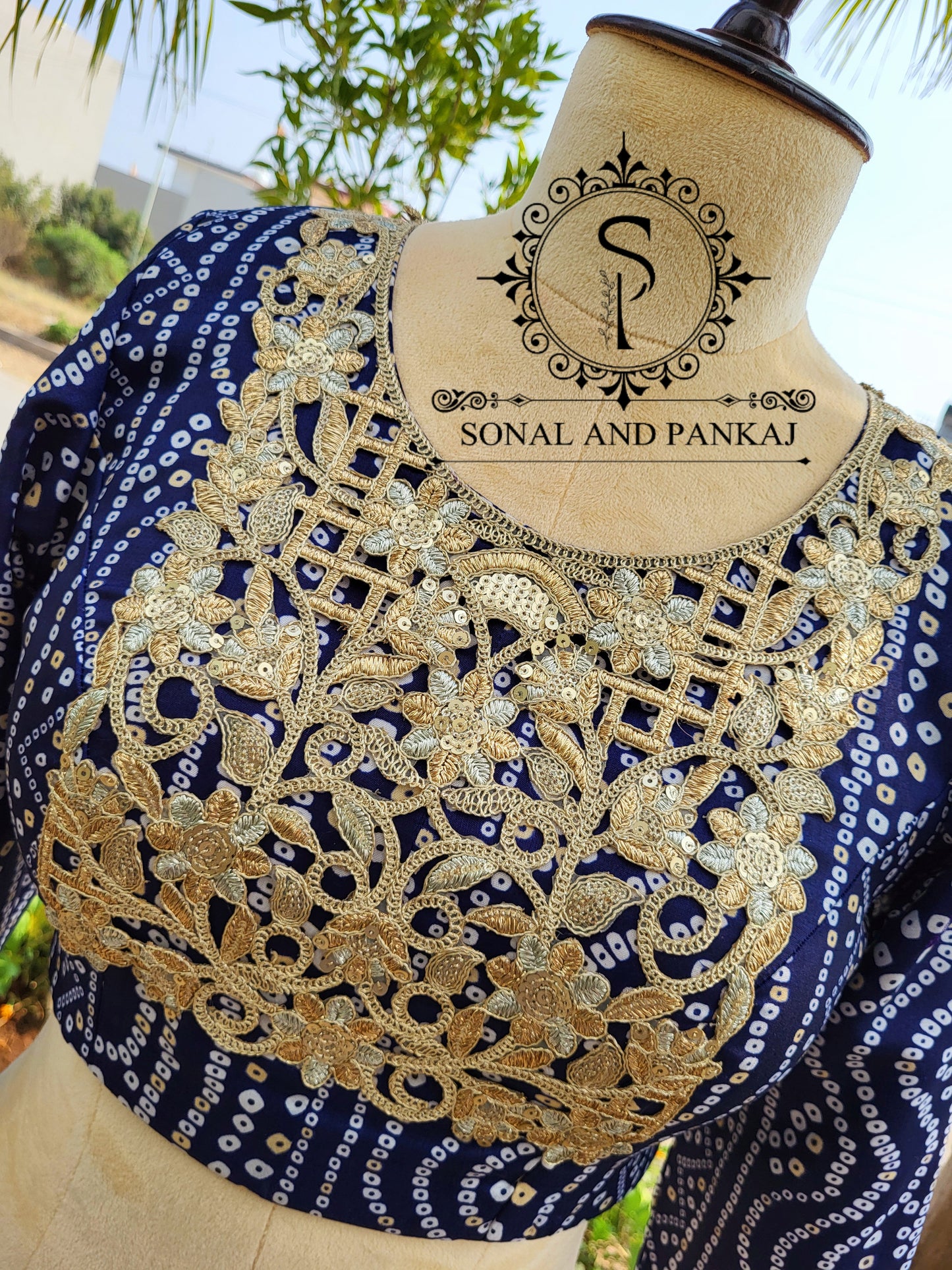 Navy Blue Bandhani Yoke Style Blouse - BL01423