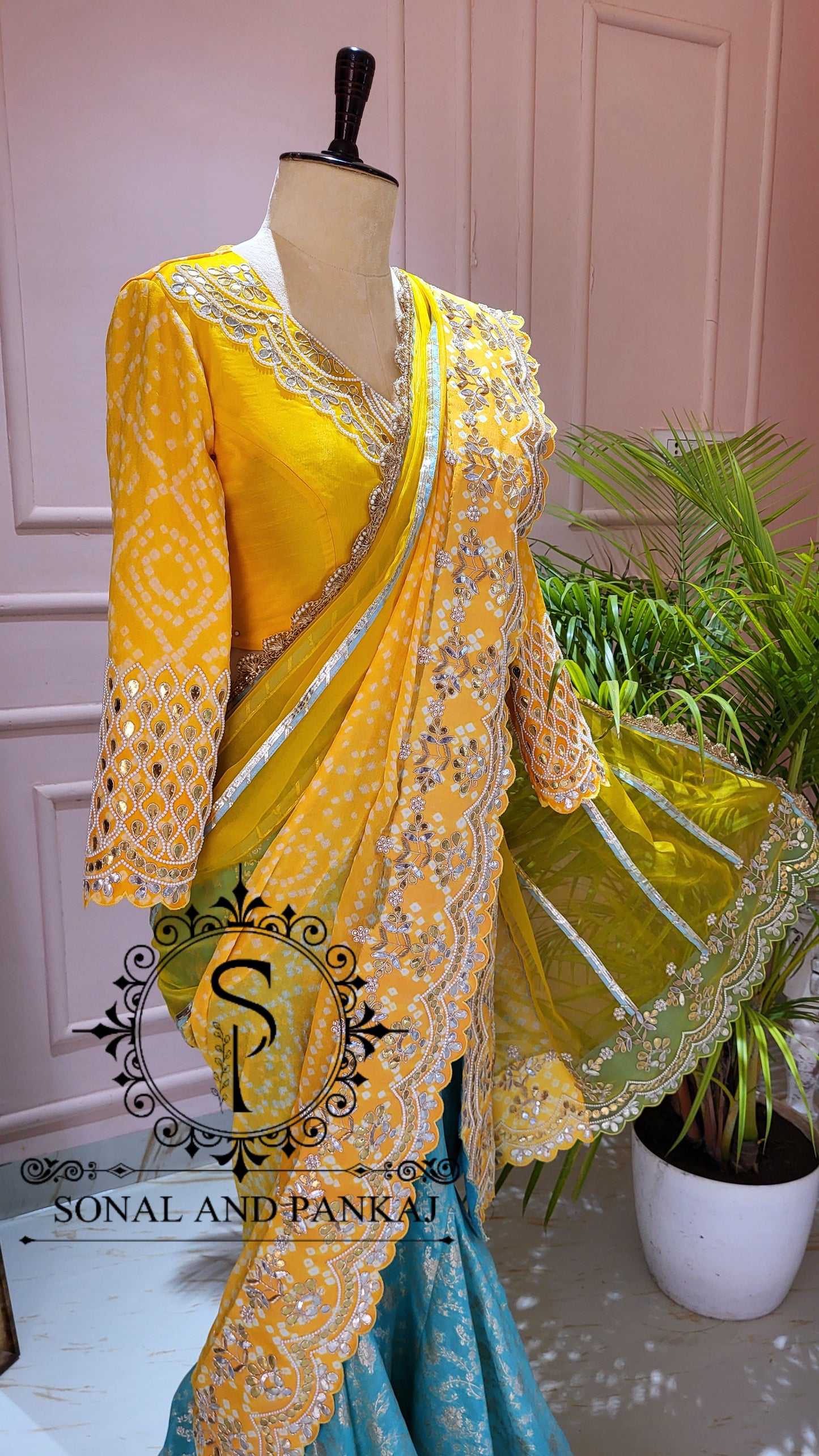Yellow Gotta Patti Hand Embroidered Blouse & Ready To Drape Designer Bandhani Saree - SA01445