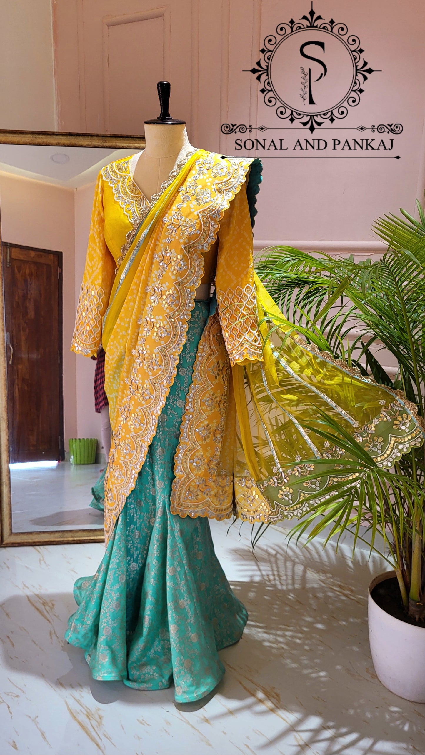 Yellow Gotta Patti Hand Embroidered Blouse & Ready To Drape Designer Bandhani Saree - SA01445