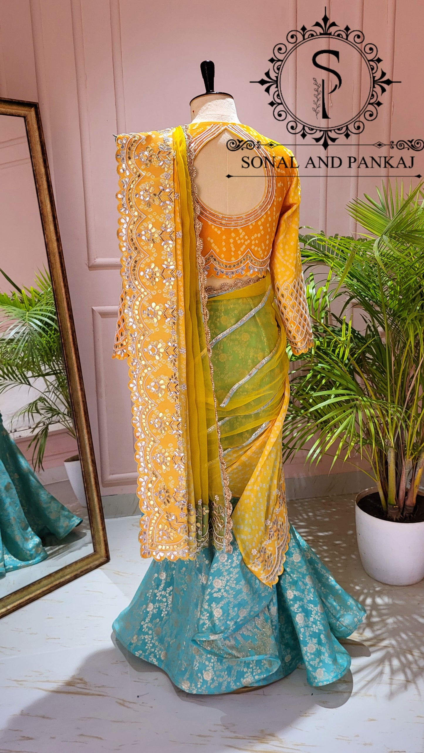 Yellow Gotta Patti Hand Embroidered Blouse & Ready To Drape Designer Bandhani Saree - SA01445