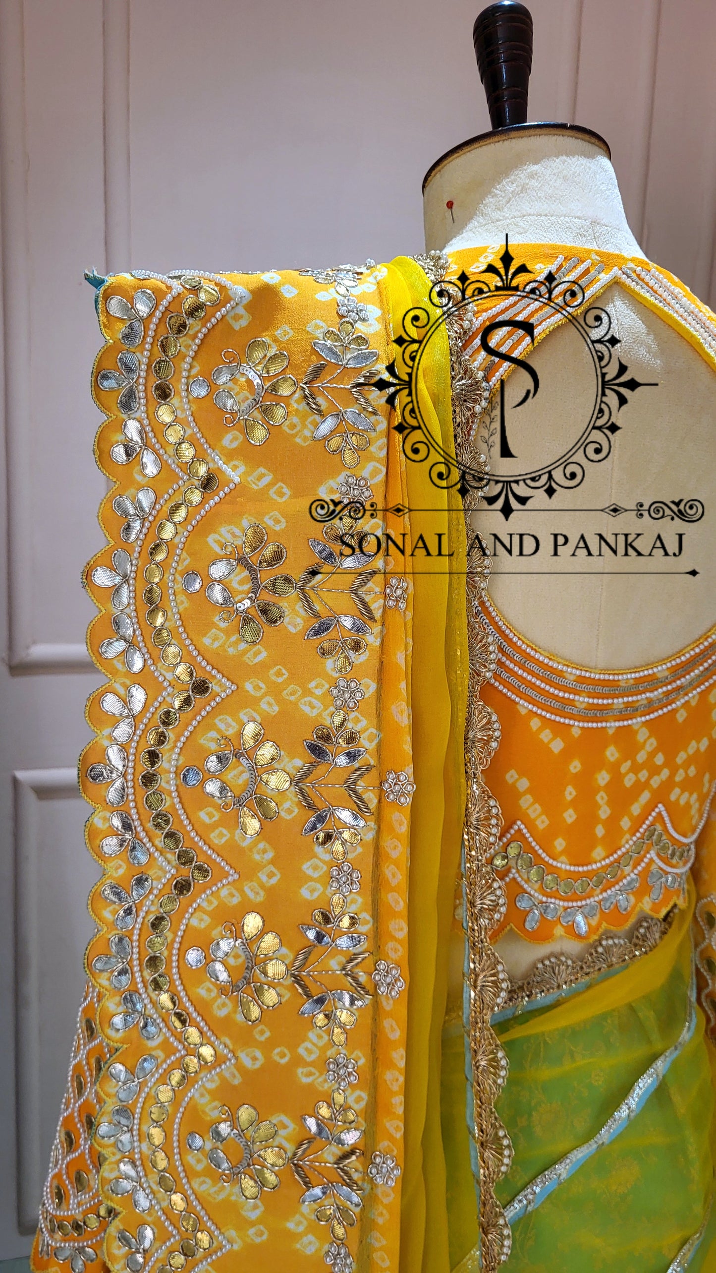 Yellow Gotta Patti Hand Embroidered Blouse & Ready To Drape Designer Bandhani Saree - SA01445