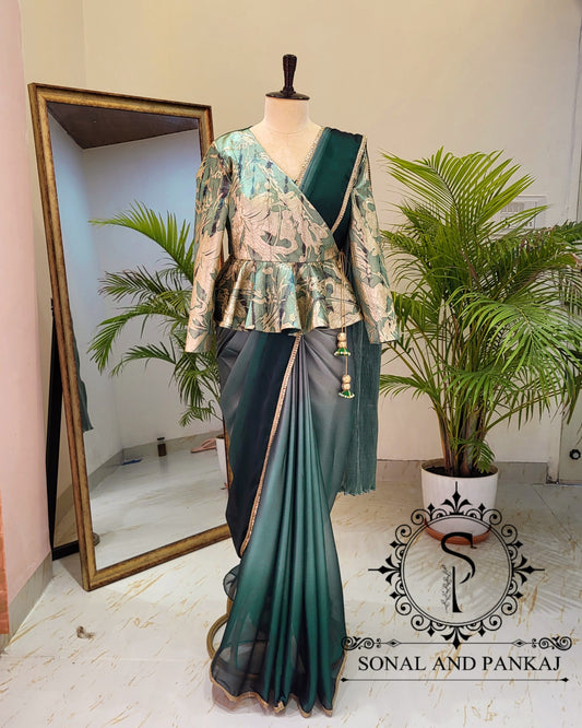 Designer Peplum Jacket Style Blouse With Ready To Drape Green Shaded Saree - SA01439