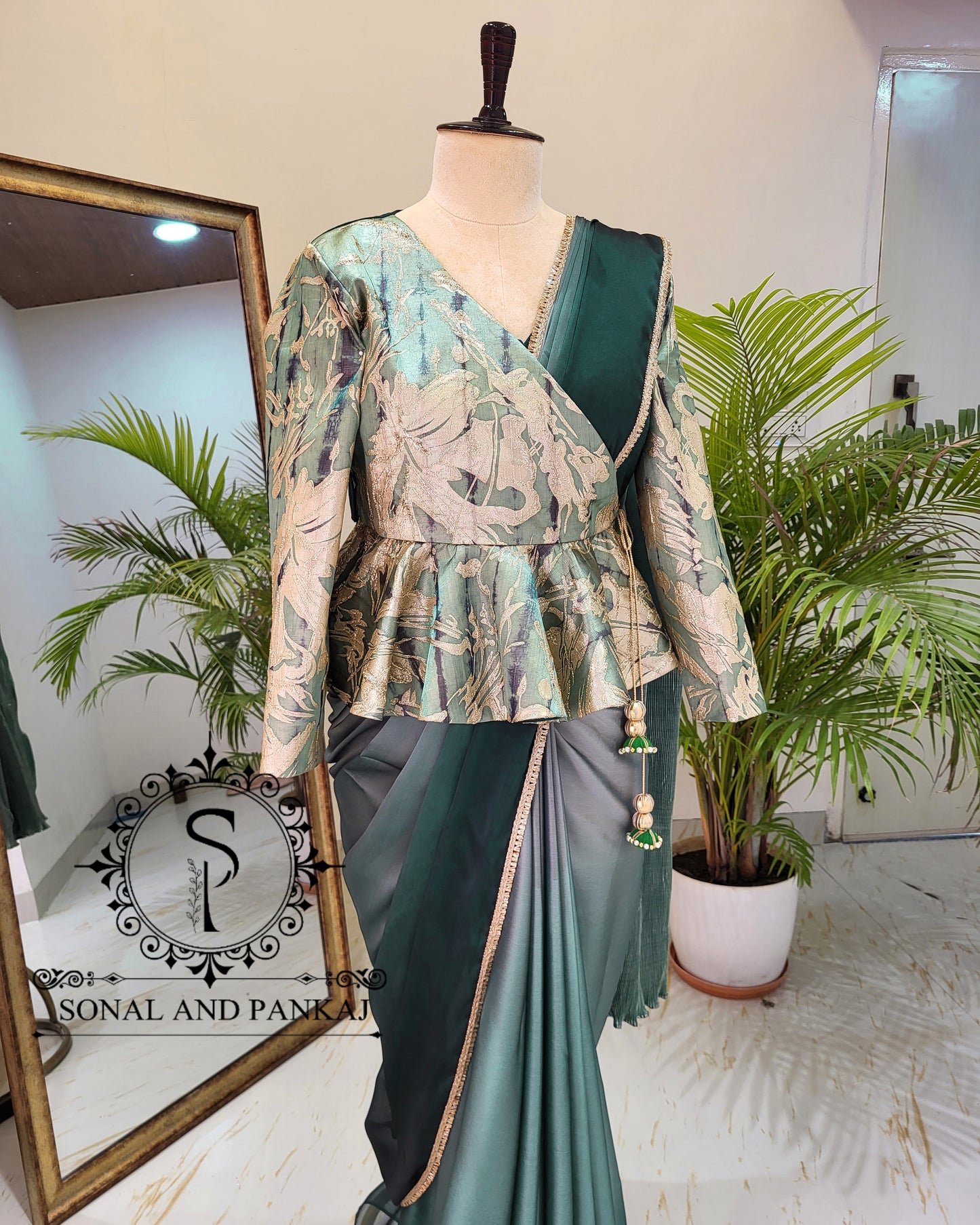 Designer Peplum Jacket Style Blouse With Ready To Drape Green Shaded Saree - SA01439