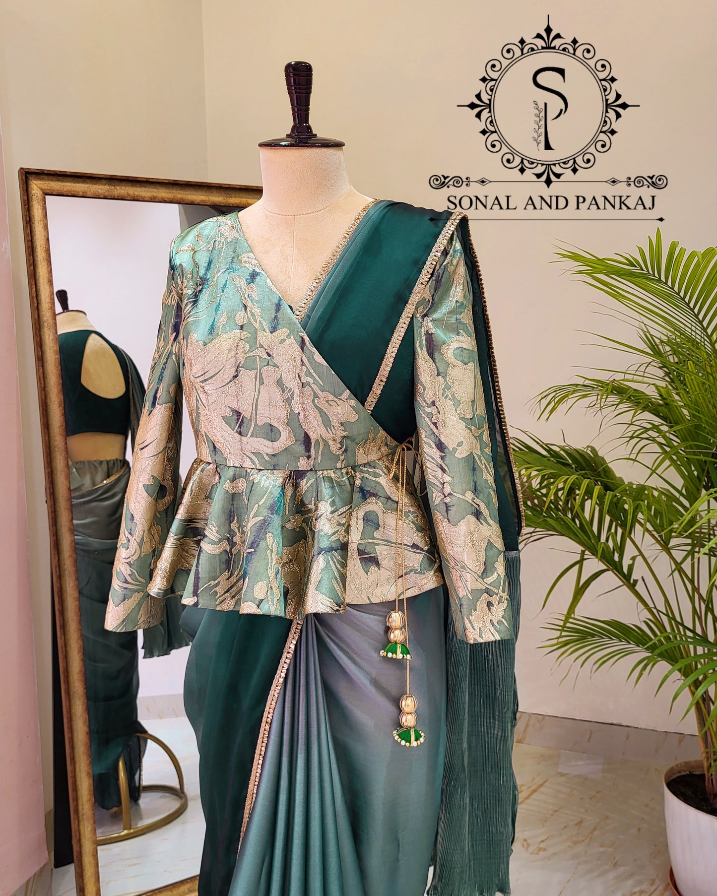 Designer Peplum Jacket Style Blouse With Ready To Drape Green Shaded Saree - SA01439