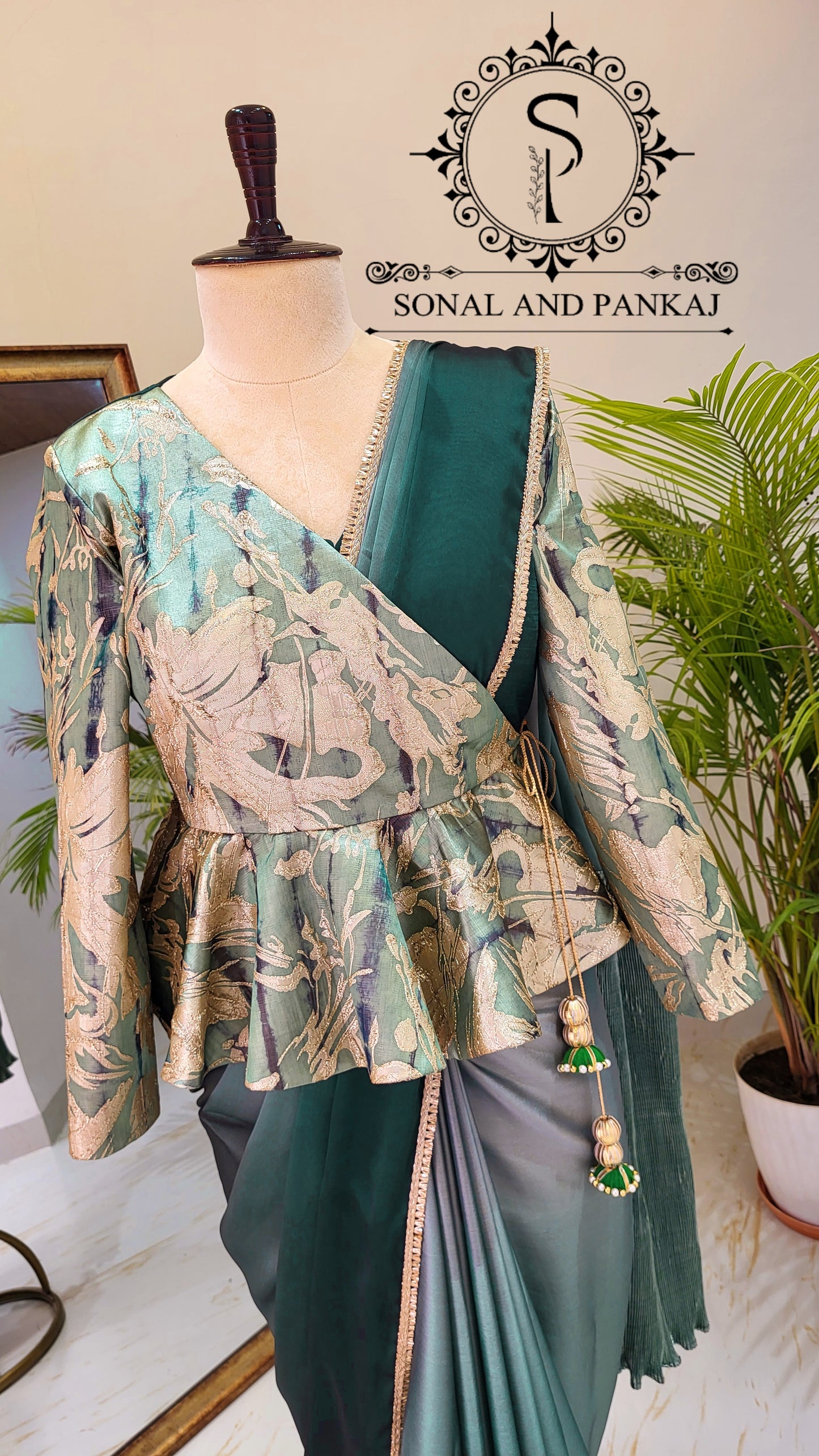 Designer Peplum Jacket Style Blouse With Ready To Drape Green Shaded Saree - SA01439