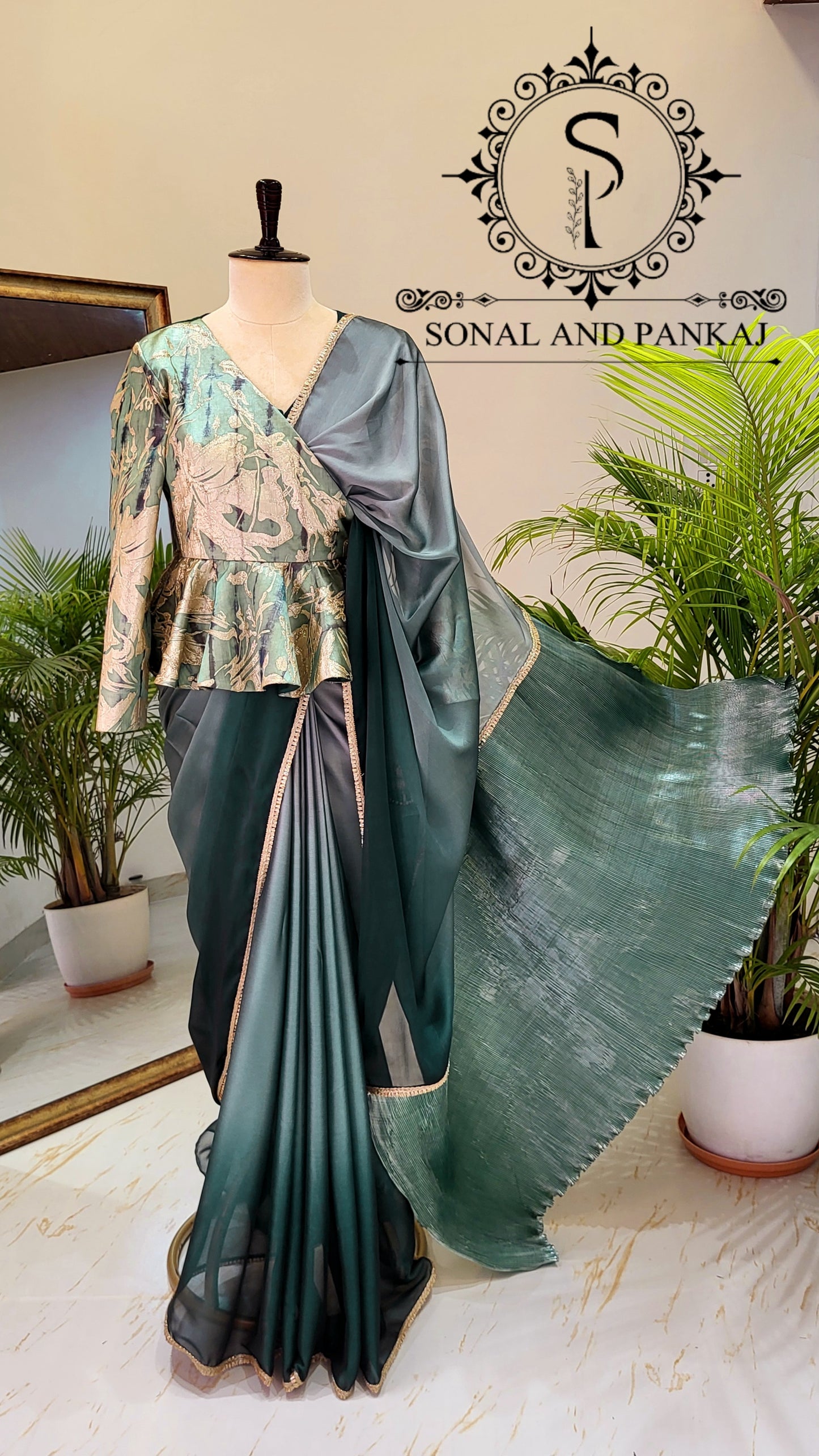 Designer Peplum Jacket Style Blouse With Ready To Drape Green Shaded Saree - SA01439