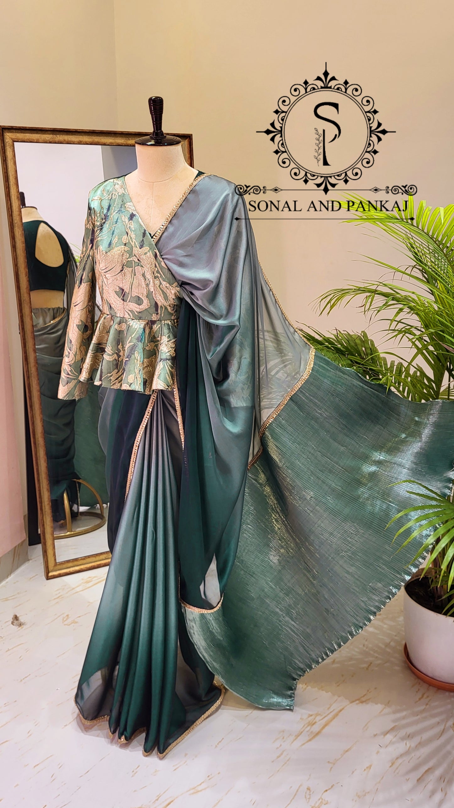 Designer Peplum Jacket Style Blouse With Ready To Drape Green Shaded Saree - SA01439