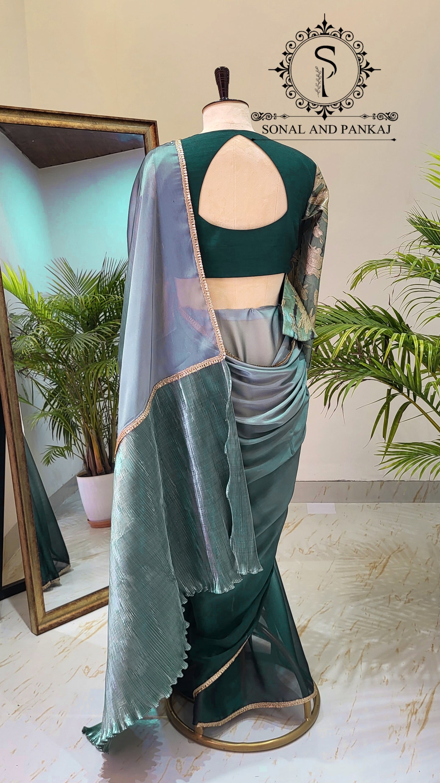Designer Peplum Jacket Style Blouse With Ready To Drape Green Shaded Saree - SA01439