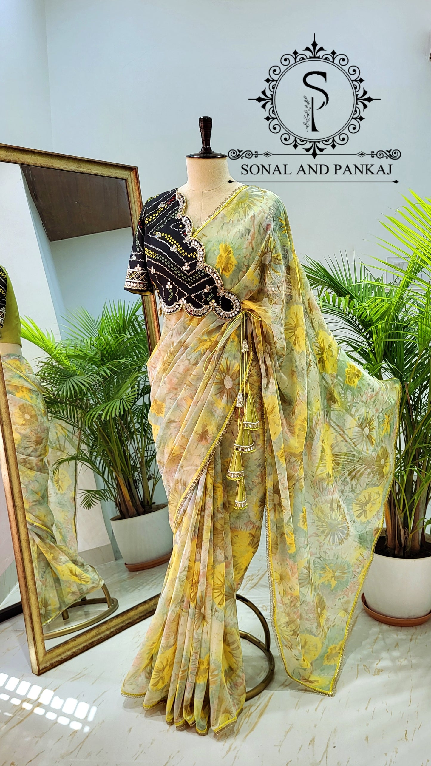 Black & Green Cutwork Mirror Embroidered Jacket Style Blouse With Pre-pleated Ready To Drape Saree - SA01435