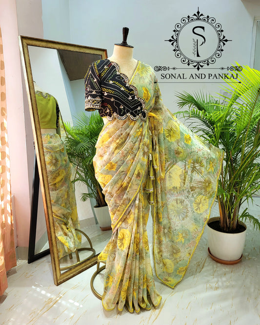 Black & Green Cutwork Mirror Embroidered Jacket Style Blouse With Pre-pleated Ready To Drape Saree - SA01435