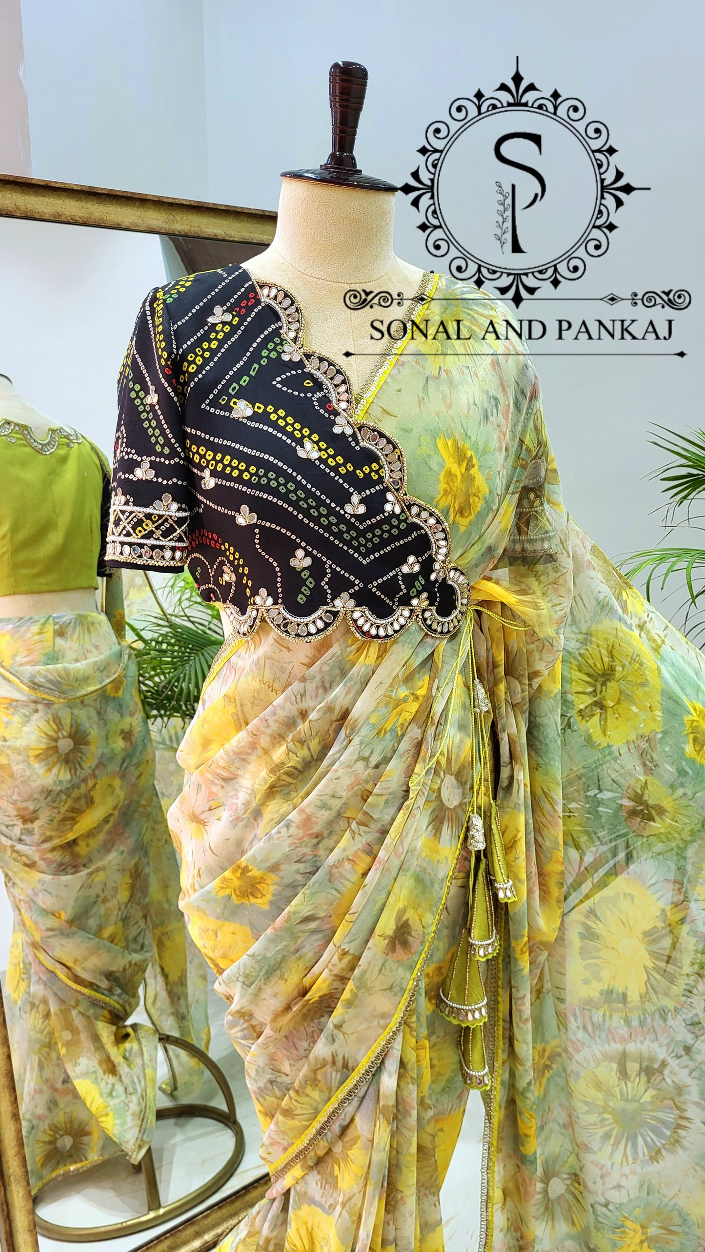 Black & Green Cutwork Mirror Embroidered Jacket Style Blouse With Pre-pleated Ready To Drape Saree - SA01435