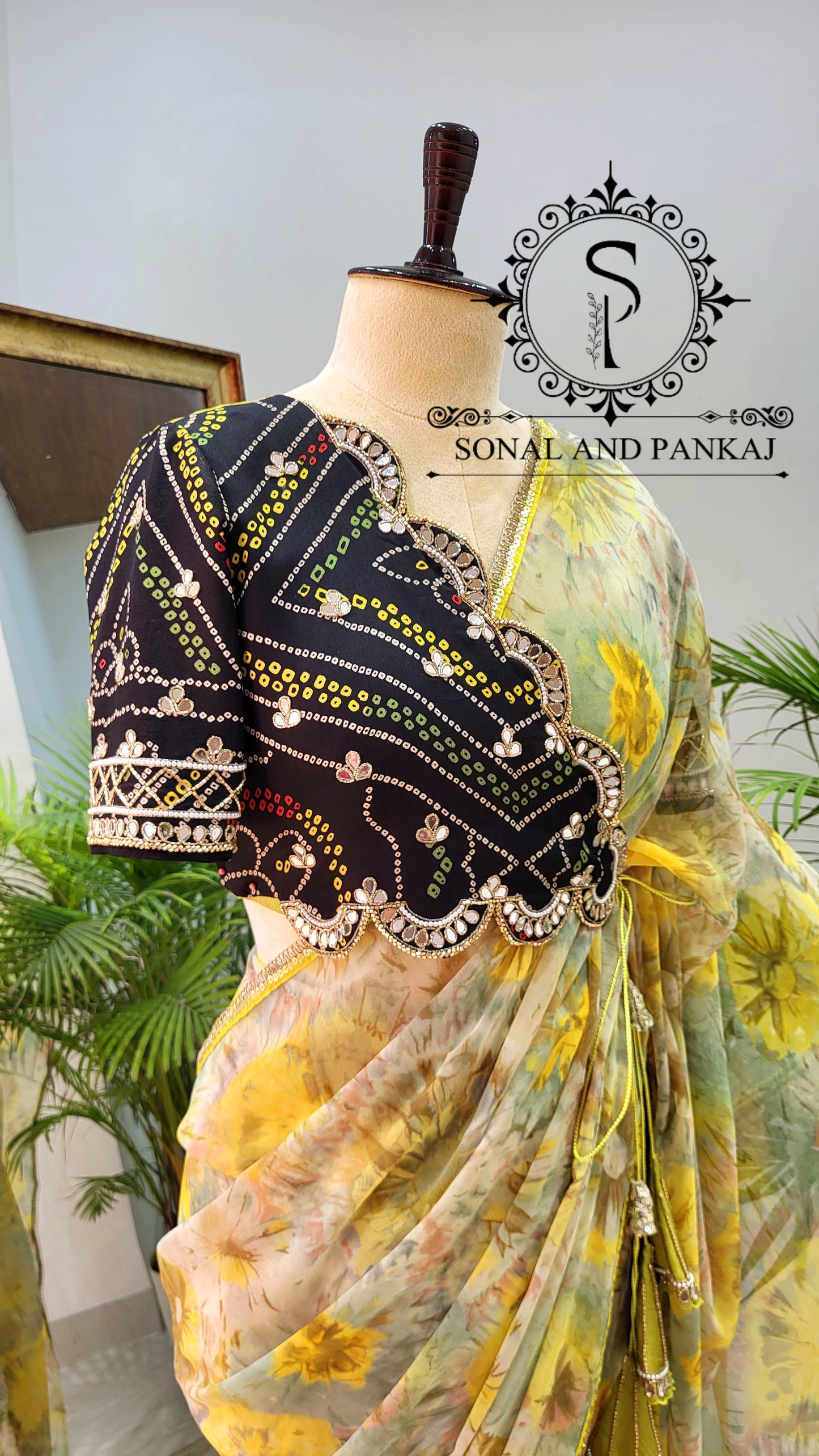 Black & Green Cutwork Mirror Embroidered Jacket Style Blouse With Pre-pleated Ready To Drape Saree - SA01435
