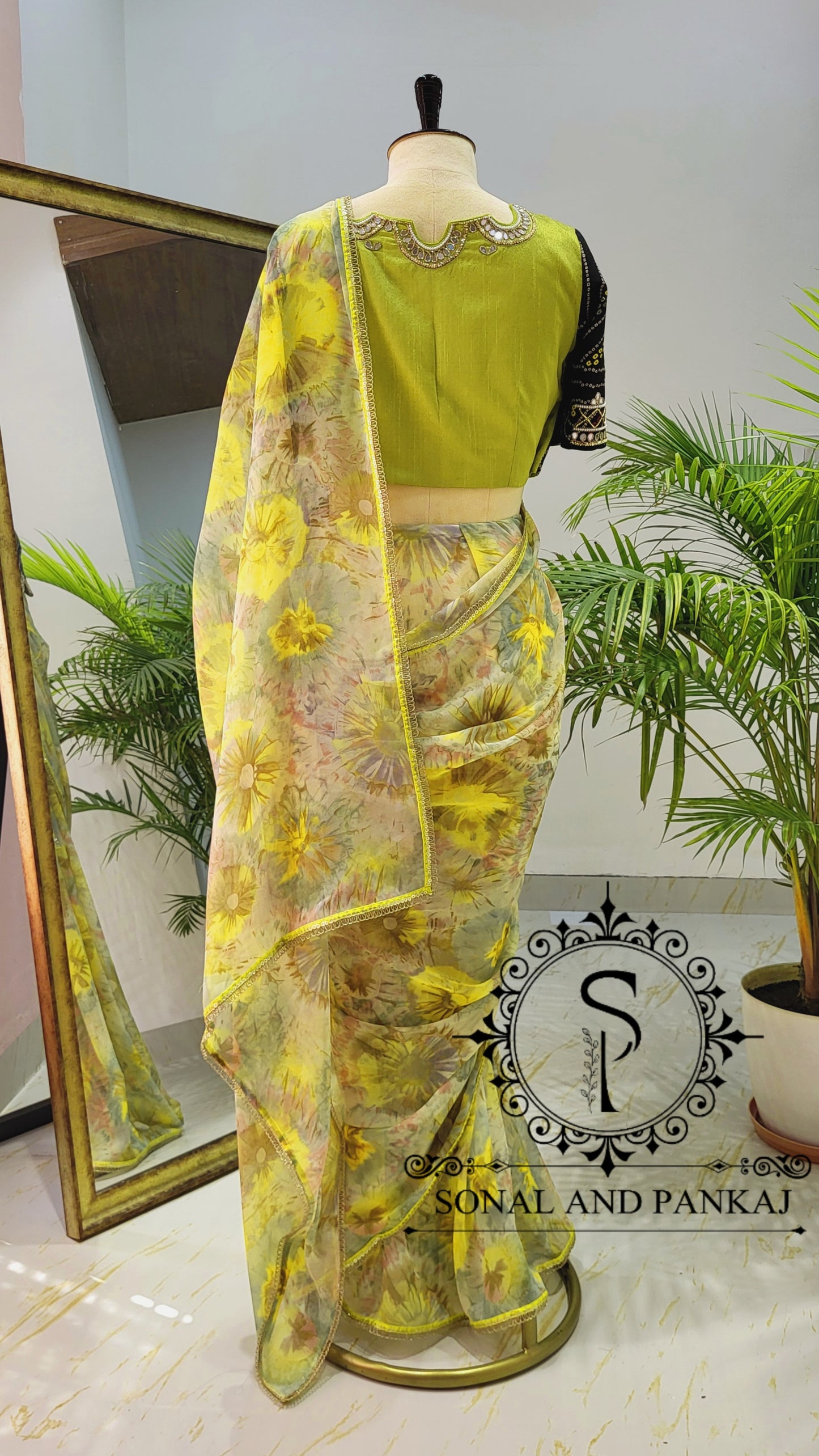 Black & Green Cutwork Mirror Embroidered Jacket Style Blouse With Pre-pleated Ready To Drape Saree - SA01435